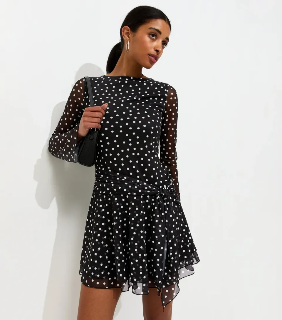 Women's Black Polka Dot Flared Sleeve Frill Mini Dress