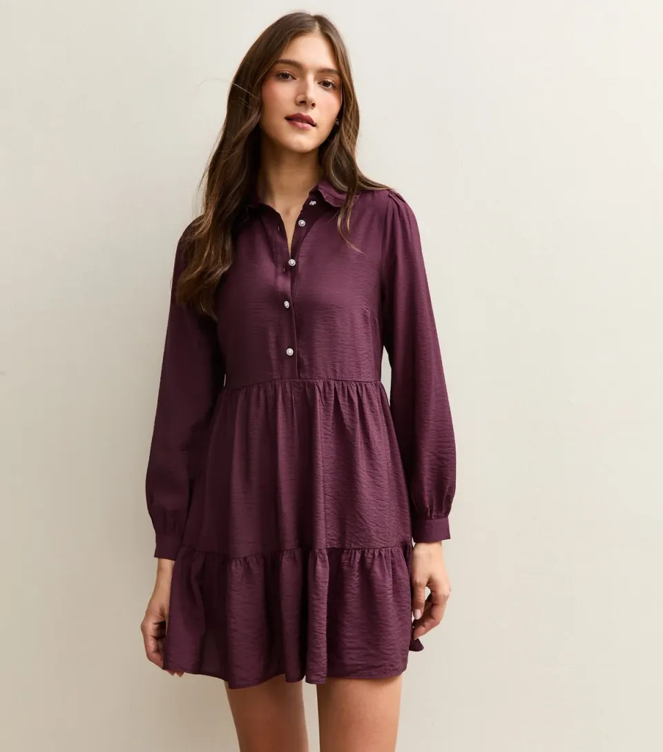 Women's Dark Burgundy Tiered Mini Shirt Dress
