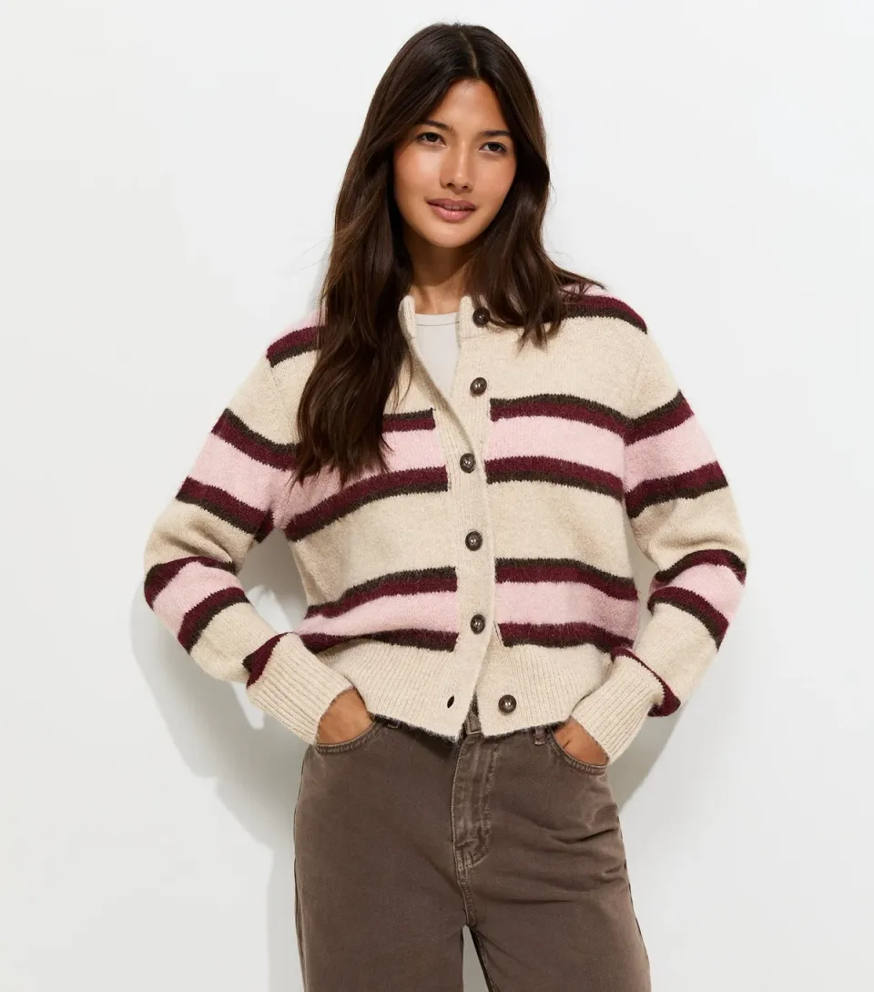 Women's Cream Knitted Contrast Stripe Cardigan