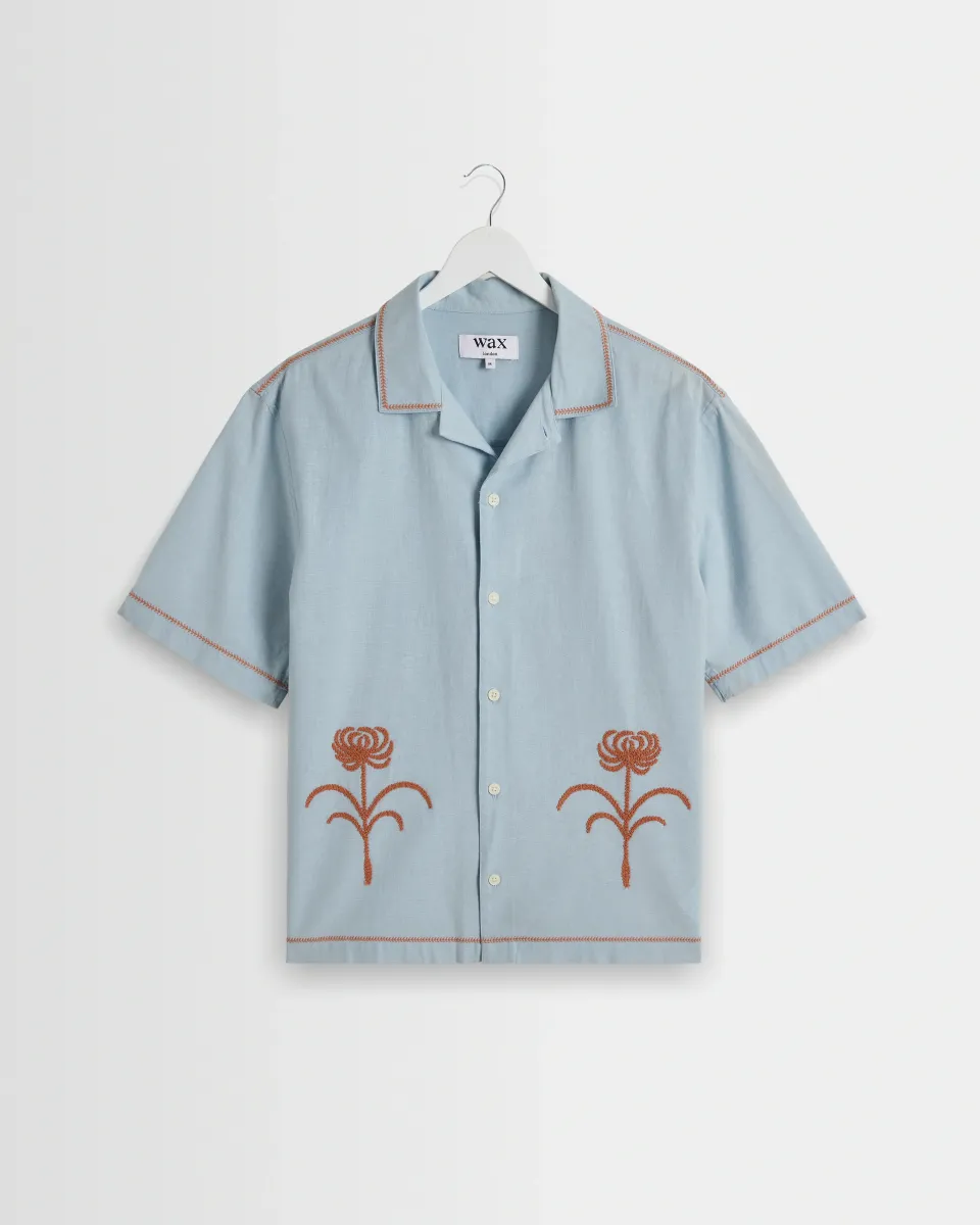 Keats - Light Blue and Rust Embroidered Short-Sleeve Shirt