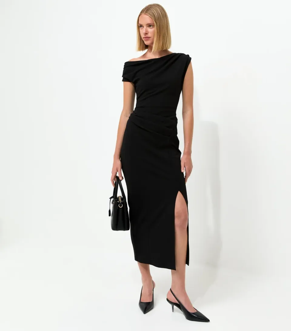 Women's Black Fallen Shoulder Slit Detail Midi Dress