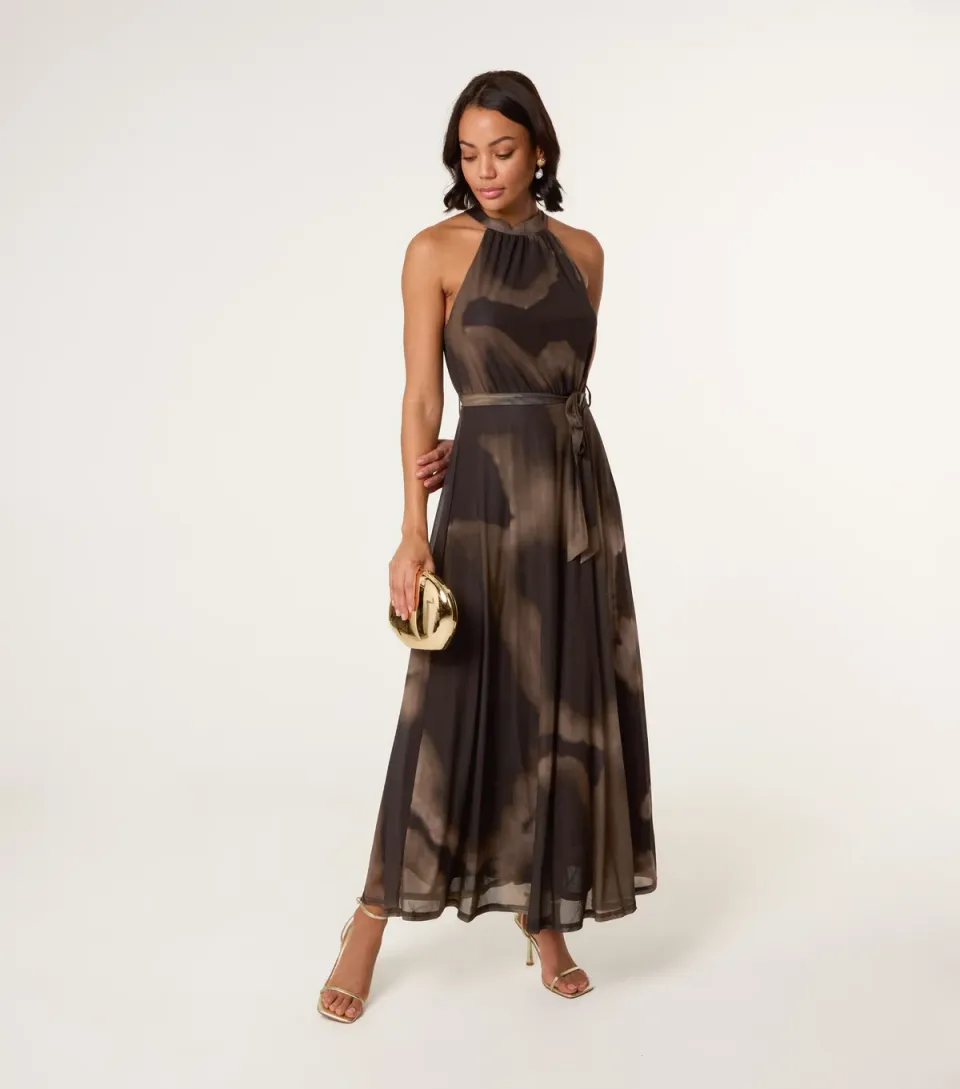 Women's Brown Printed Mesh Halterneck Midi Dress