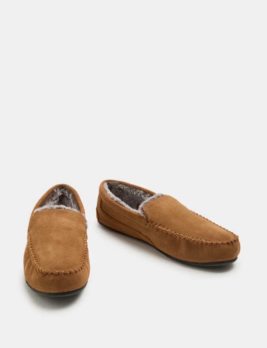 Suede Fleece Lined Moccasin Slippers Tan