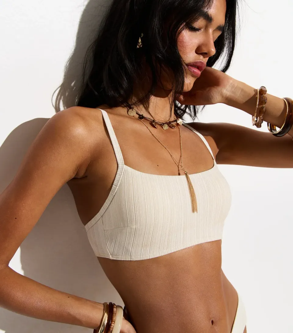 Women's Off White Metallic Crinkled Bandeau Bikini Top