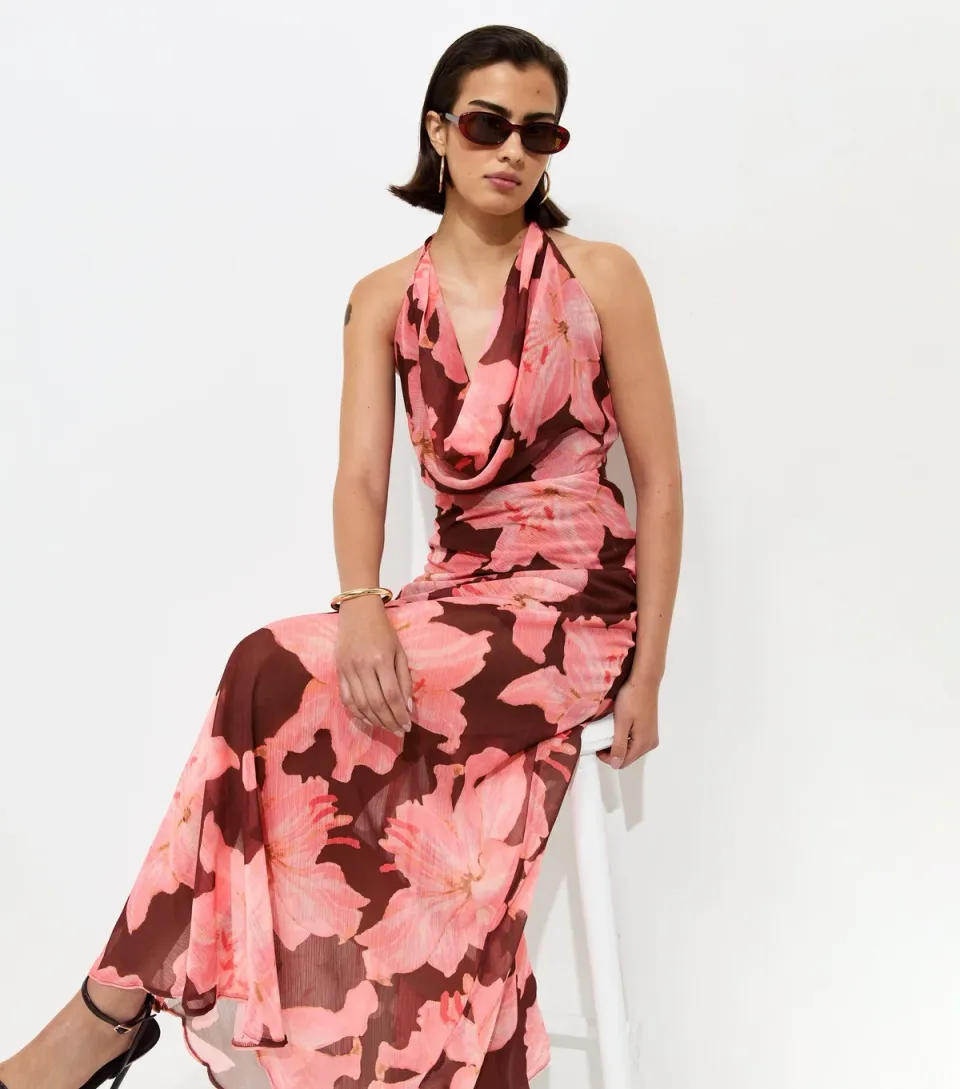 Women's Pink Chiffon Floral Cowl Halter Neck Maxi Dress