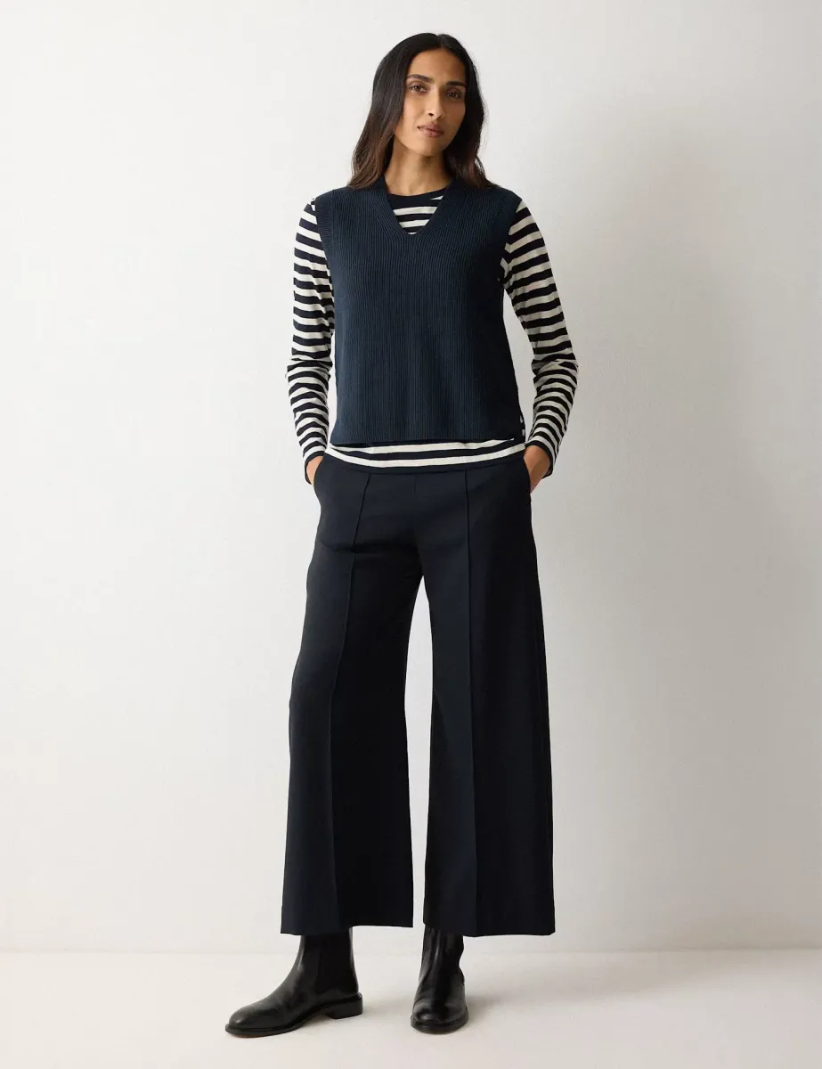 Crepe Wide Leg Ankle Grazer Trousers Navy