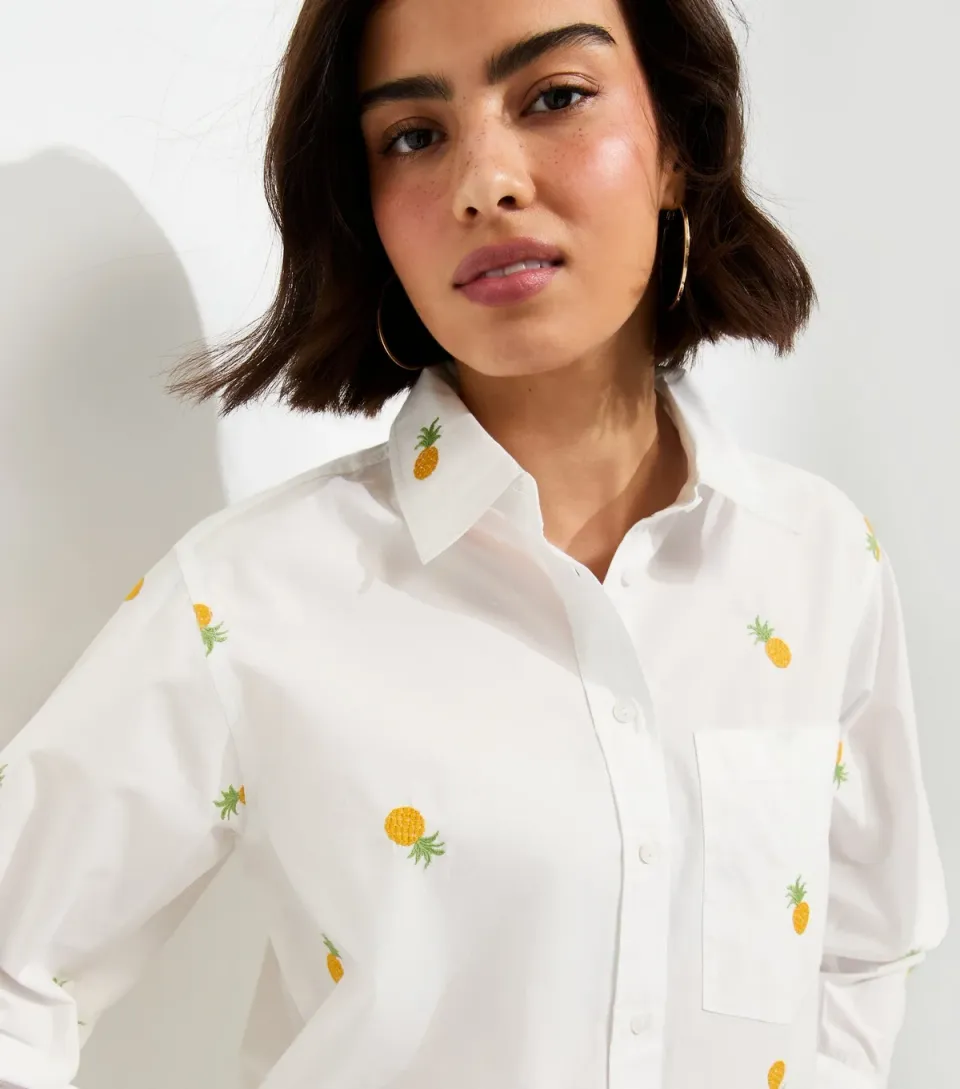 Women's White Pineapple Embroidered Poplin Shirt