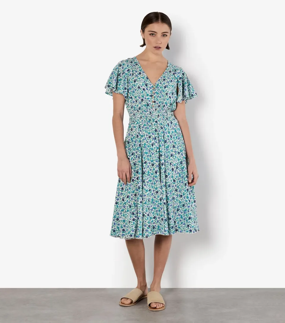 Women's Blue Watercolour Floral Print Midi Dress