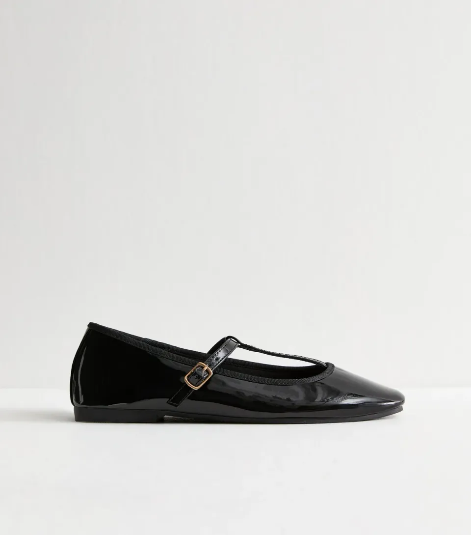 Women's Black Patent Faux Leather T Bar Mary Jane Flats Vegan