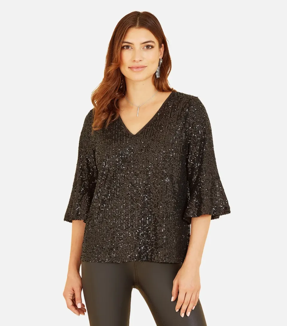 Women's Black Sequin Flared Sleeve Top