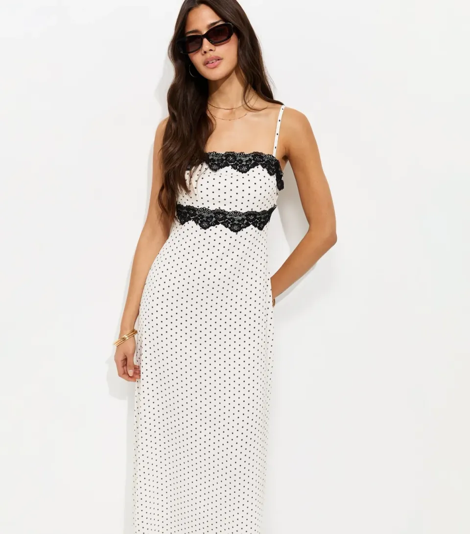 Women's White Crinkled Polka Dot Lace Trim Strappy Midi Dress