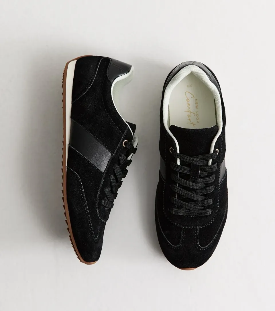 Women's Black Faux Brushed Leather Side Stripe Trainers Vegan