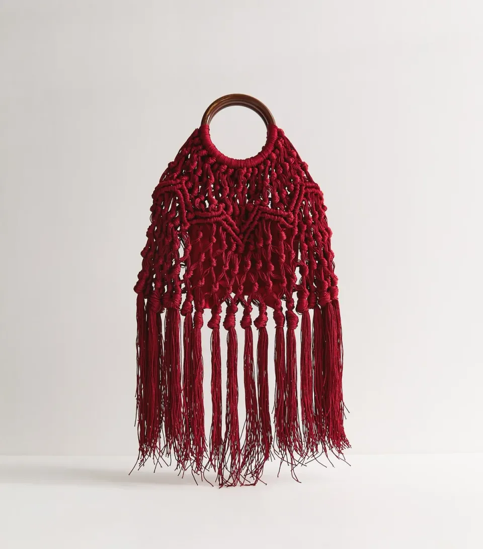 Dark Burgundy Macrame Tassel Top Handle Bag
