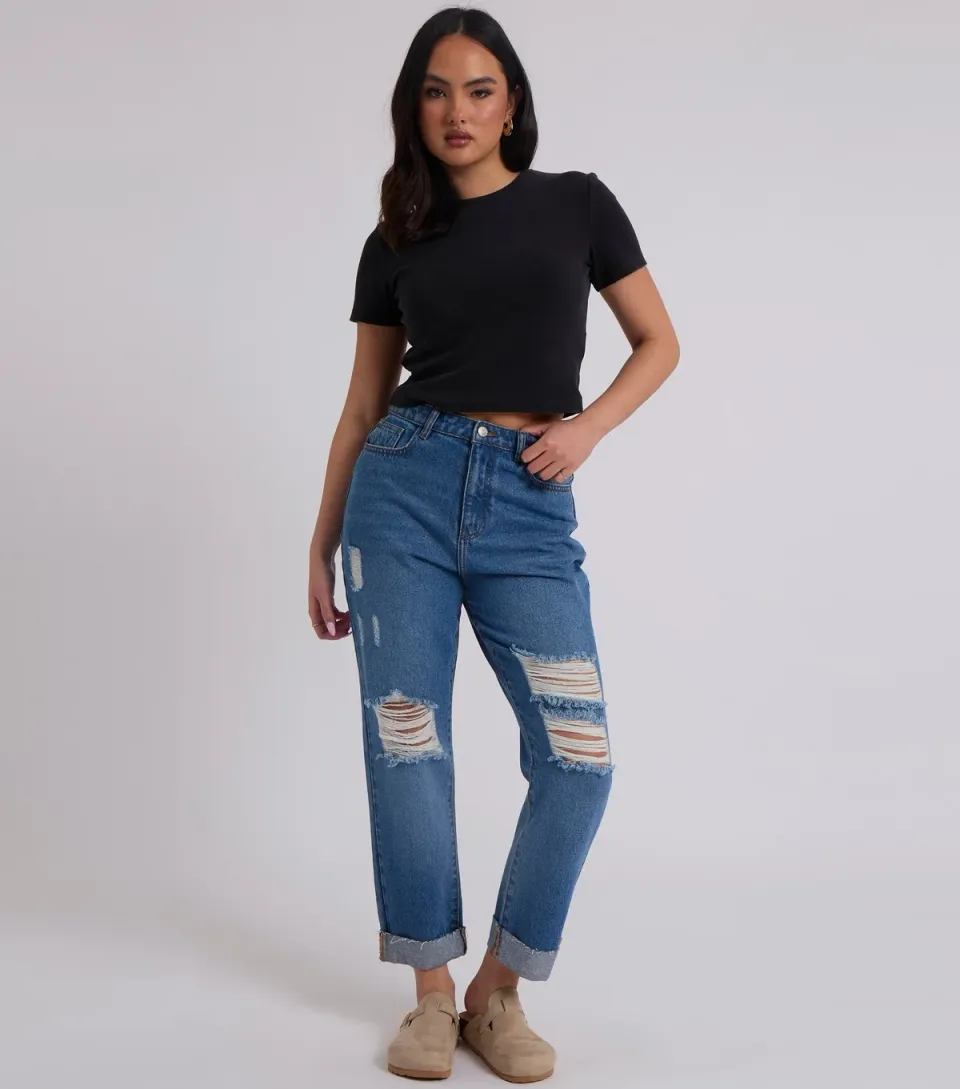 Women's Blue Ripped Mom Jeans