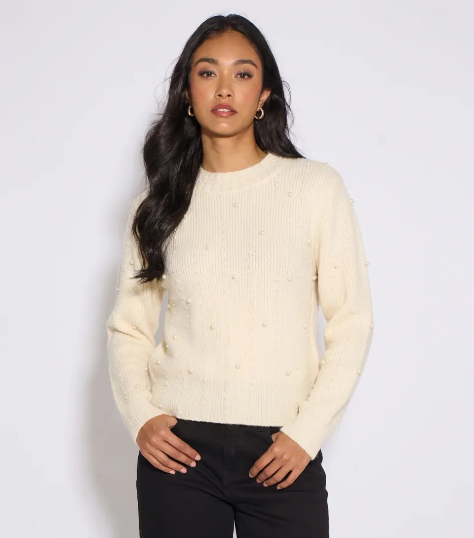 Women's Cream Faux Pearl Embellished Knitted Jumper