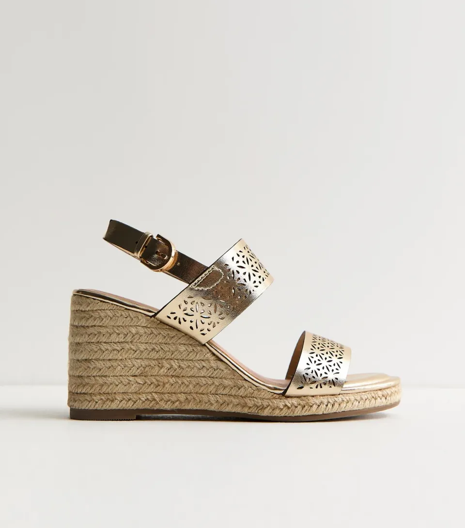 Women's Gold Laser Cut Jute Wedge Sandals Vegan