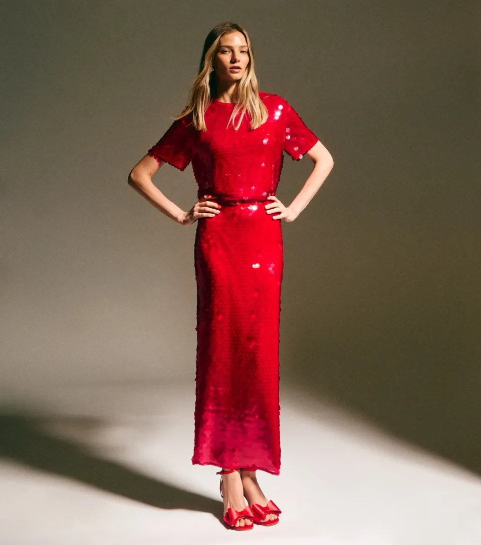 Women's Red Sequin Midi Skirt
