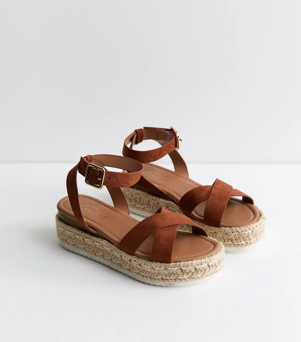 Women's Rust Brown Faux Suede Crossover Strap Flatform Sandals Vegan