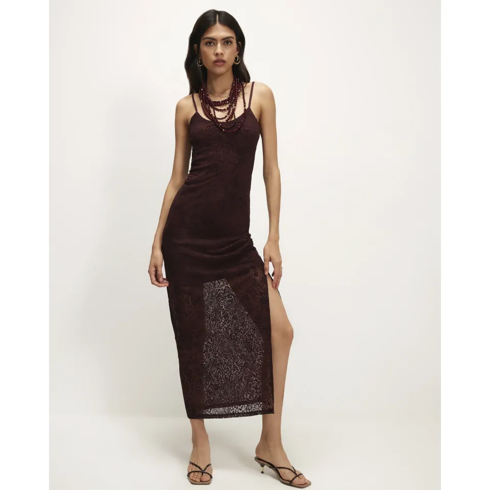 Burgundy Sleeveless Devore Maxi Dress