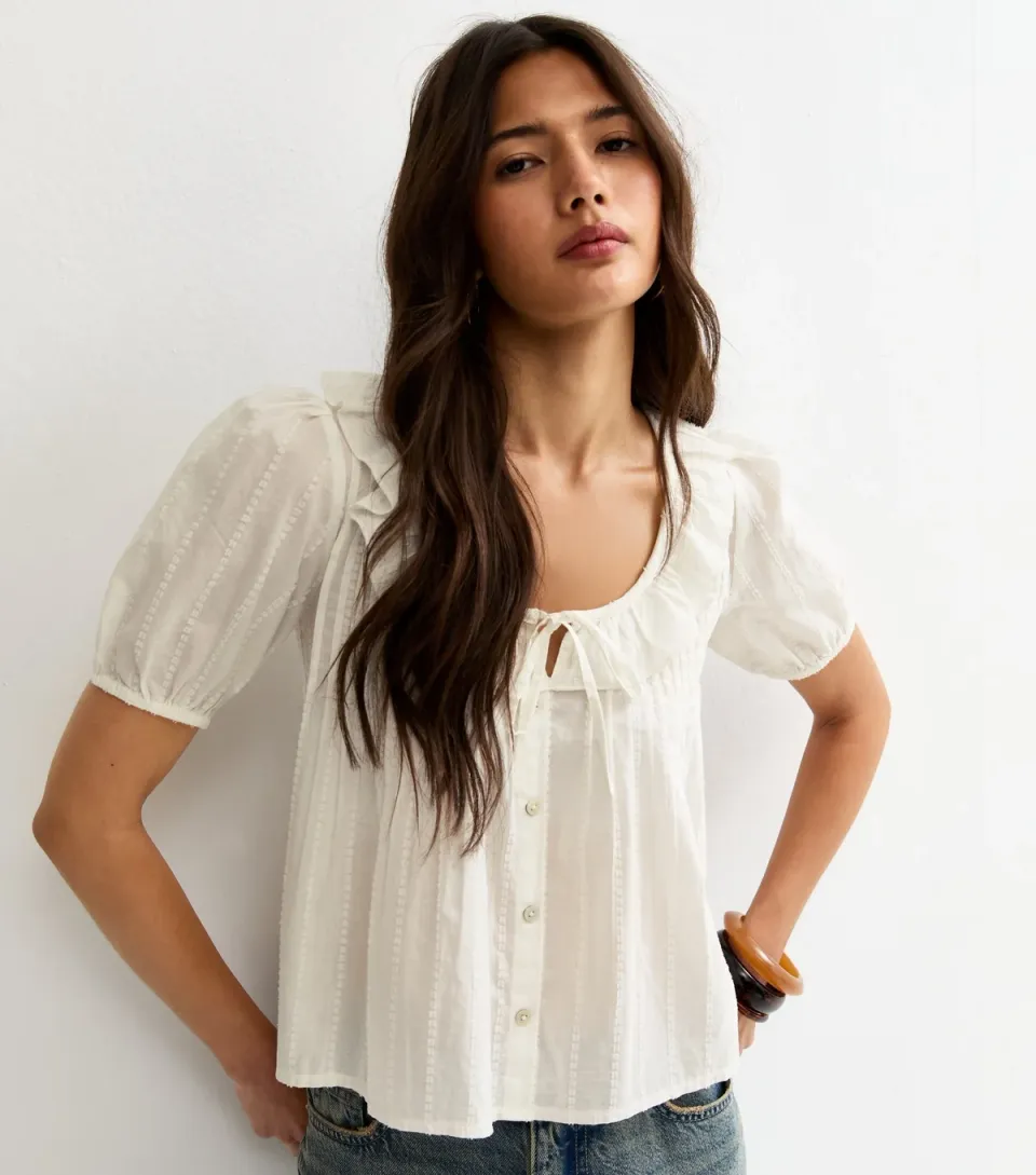 Women's White Dobby Stripe Tie Bow Blouse