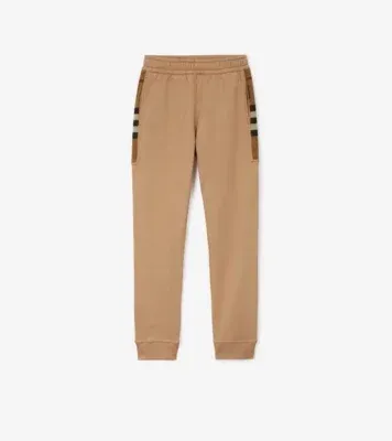 Check Panel Cotton Blend Jogging Pants in Camel