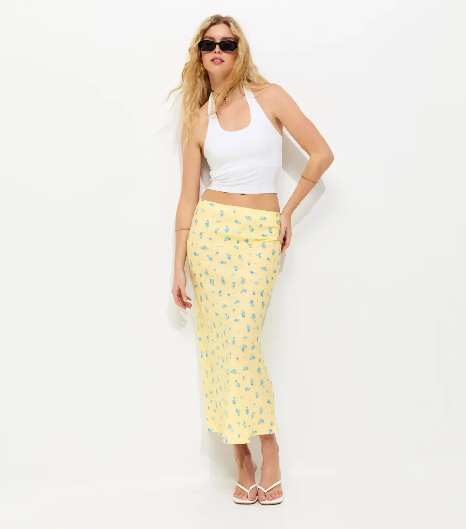 Women's Yellow Ditsy Floral Bias Cut Midi Skirt