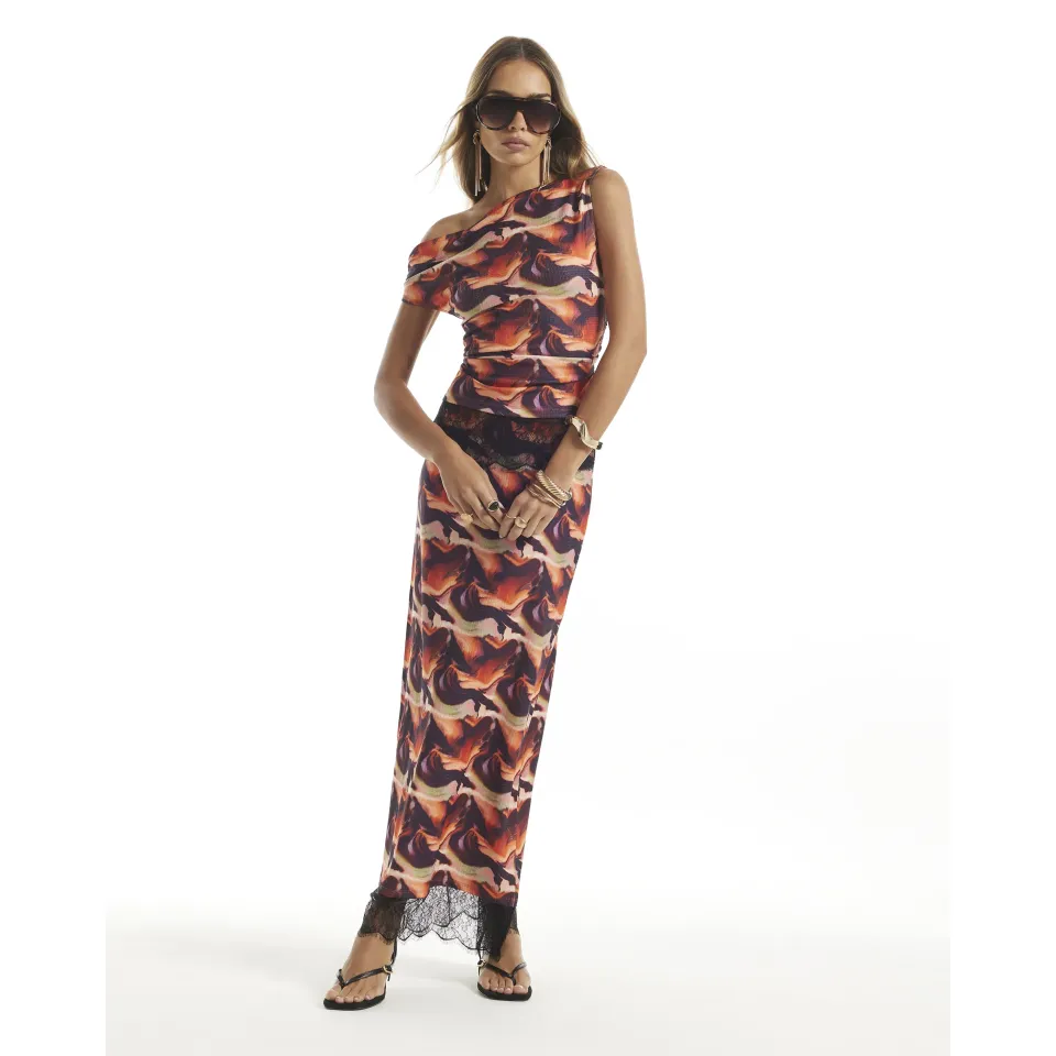 Lace Trim Blur Print Maxi Skirt