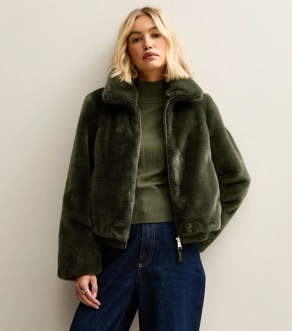 Women's Khaki Faux Fur Bomber Jacket