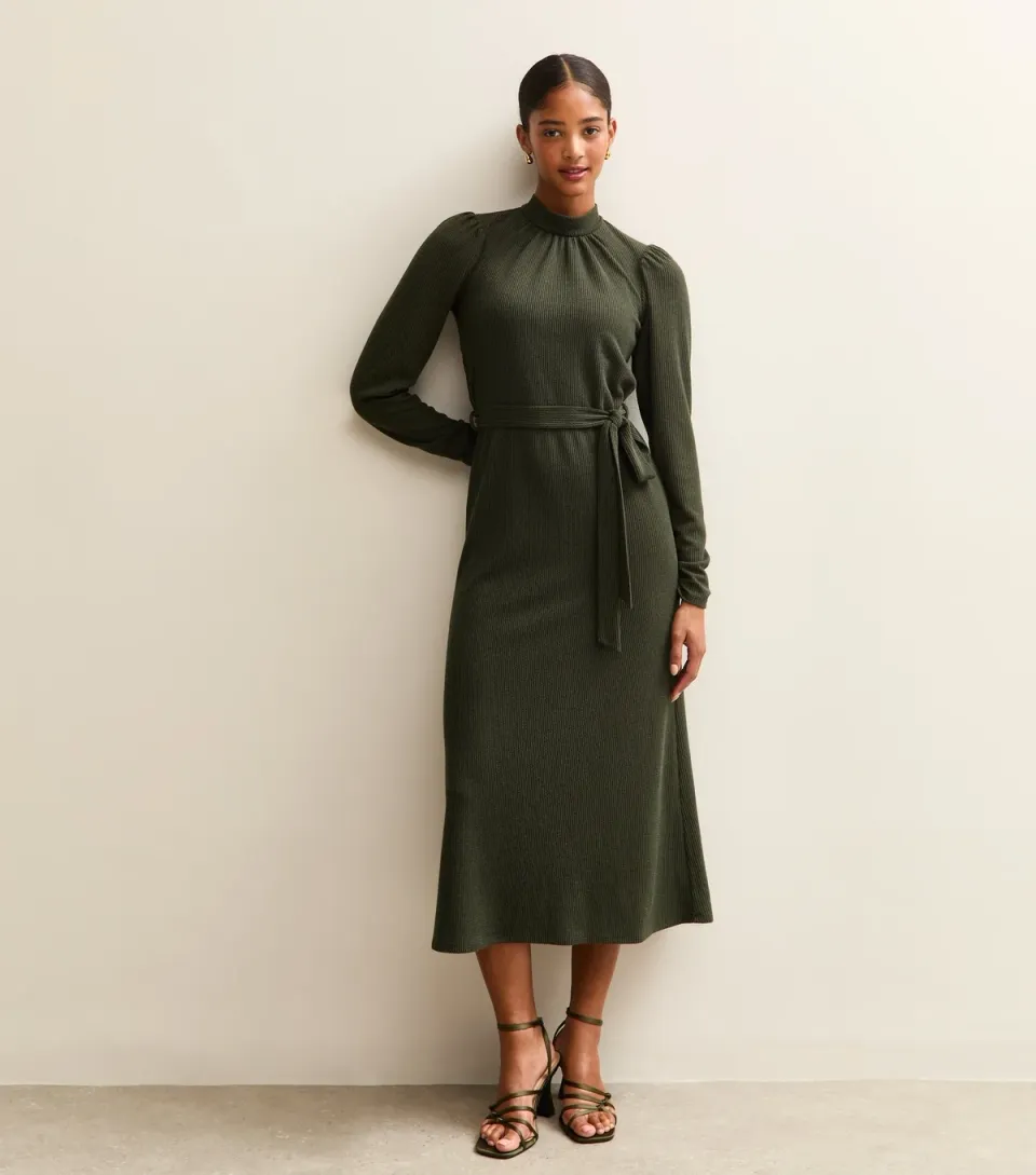 Women's Dark Khaki Crinkled High Neck Midi Dress