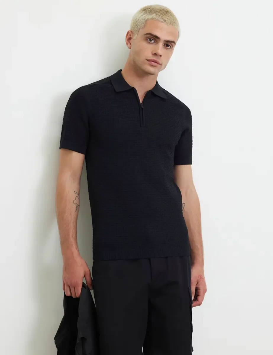 Textured Half Zip Knitted Polo Shirt Black