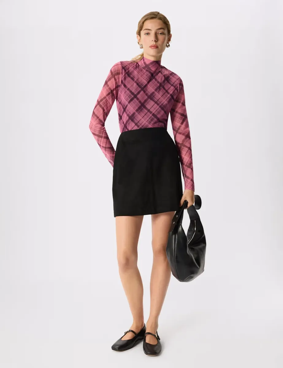 Mesh Checked High Neck Top Pink Mix