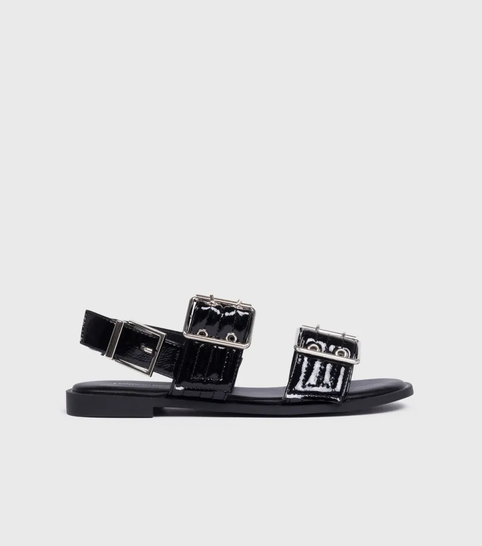 Women's Black Faux Patent Leather Buckled Sandals