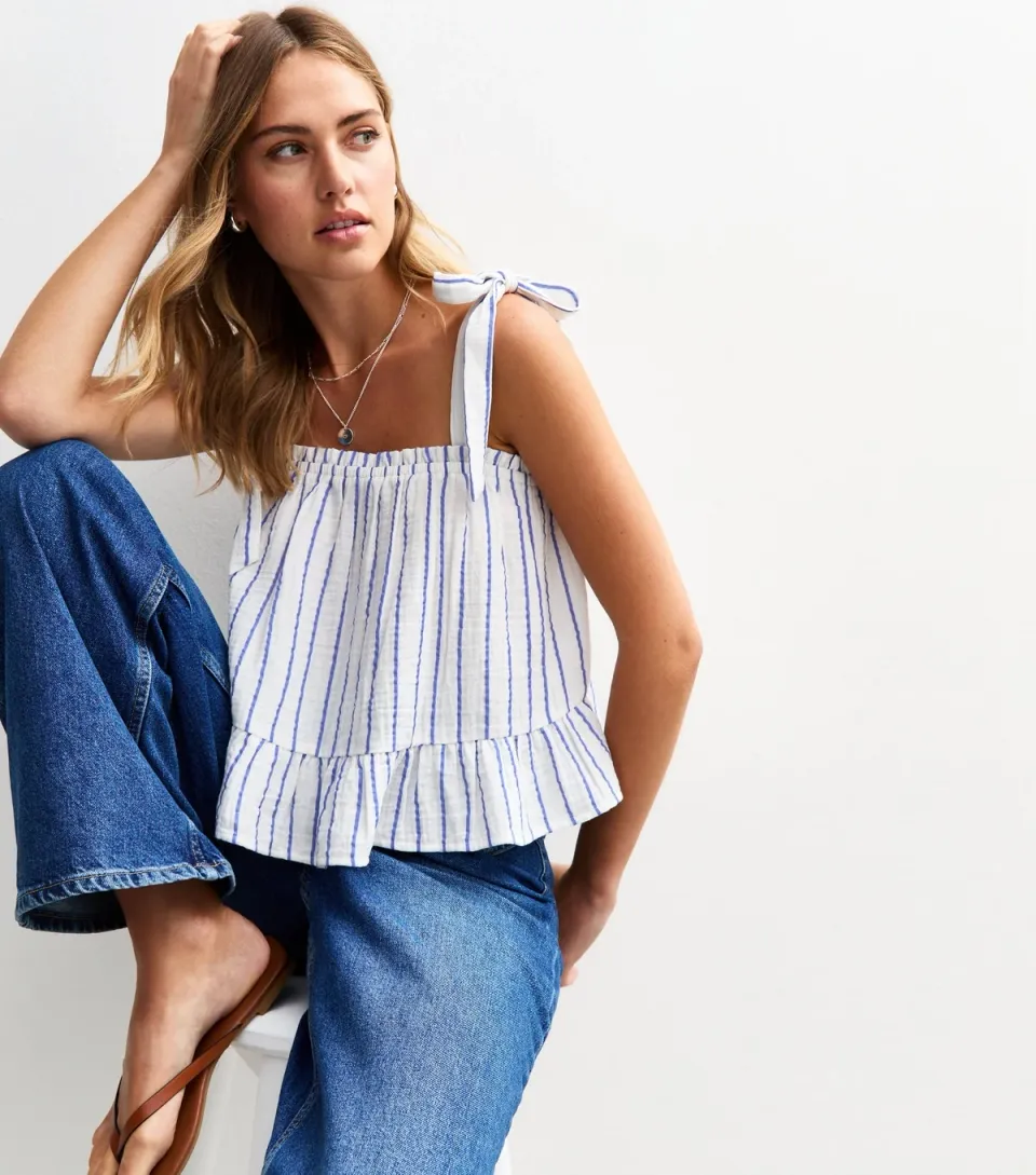 Women's White Crinkled Striped Tie Shoulder Top