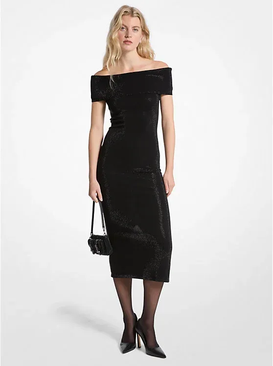 Embellished Stretch Knit Off-The-Shoulder Dress