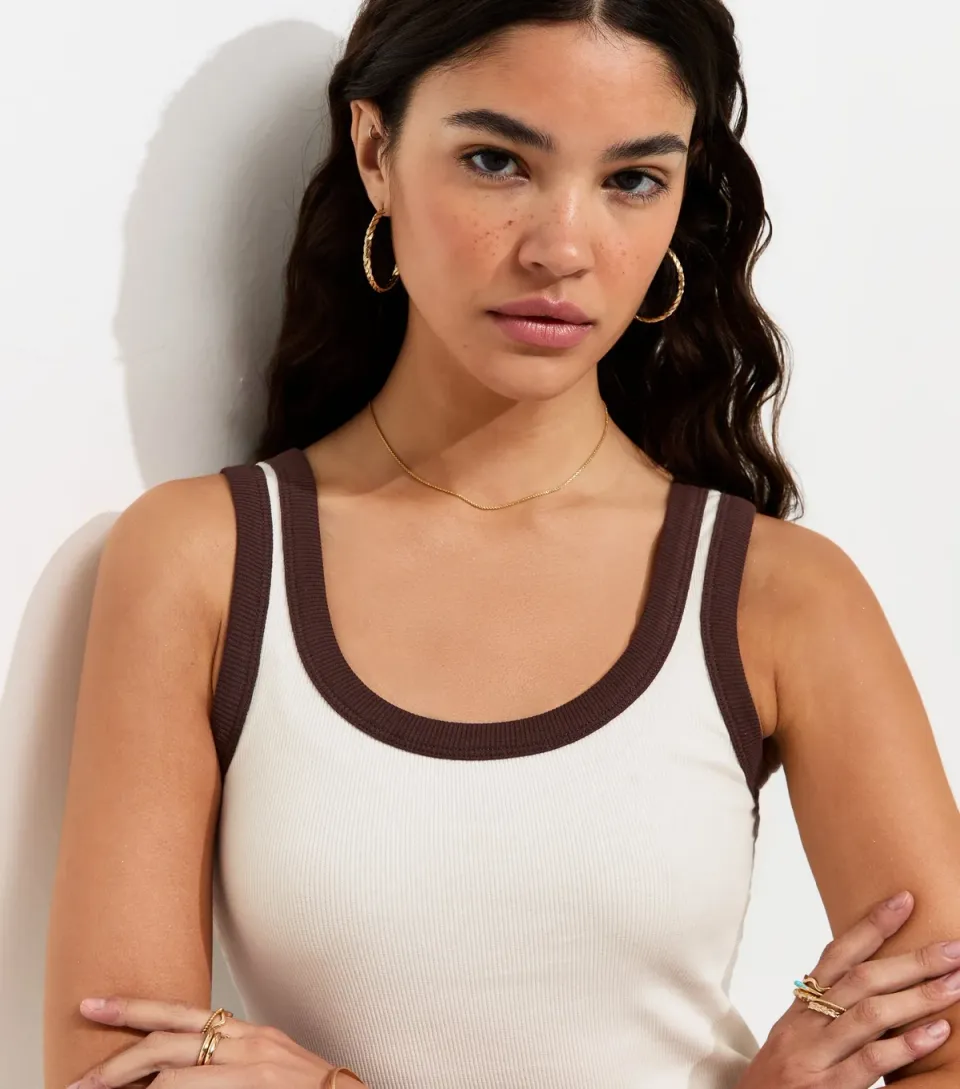 Women's White Contrast Trim Scoop Neck Vest Top