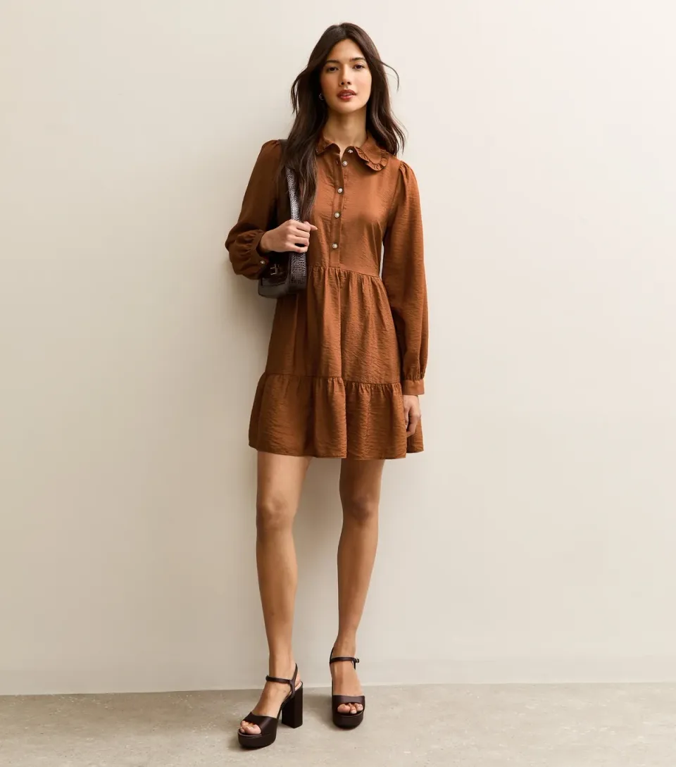 Women's Tan Tiered Shirt Mini Dress