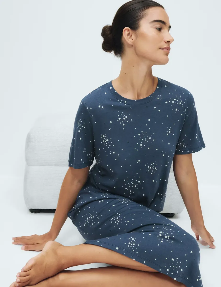 Cotton Modal Printed Long Nightdress Dark Blue