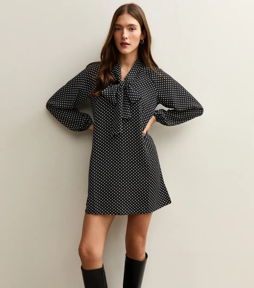 Women's Black Polka Dot Pussybow Mini Dress