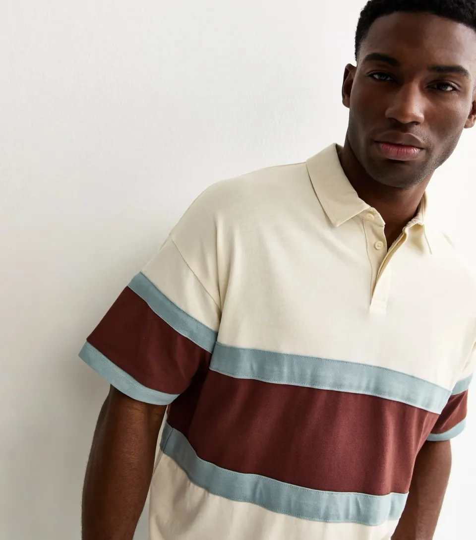 Men's White Boxy Cotton Striped Short Sleeve Rugby Top