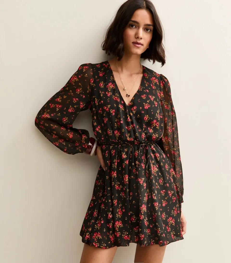 Women's Black Floral Wrap Front Mini Dress