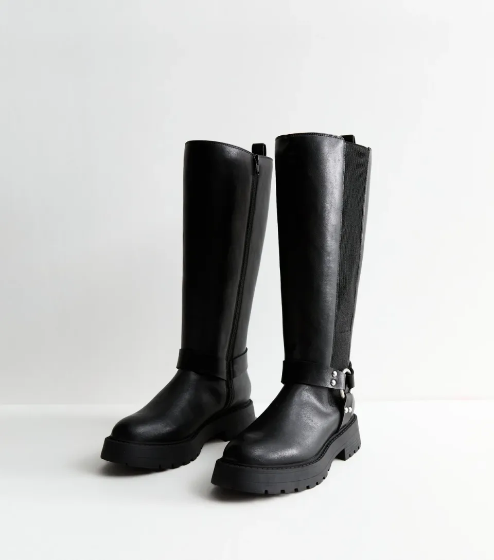 Women's Wide Fit Black Triple Strap Buckle Faux Leather Knee High Boots Vegan