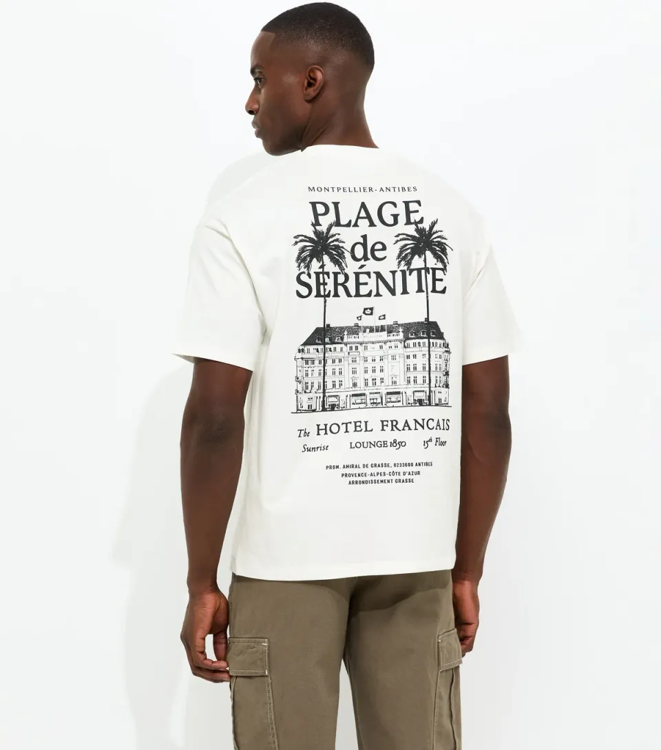 Men's Off White Oversized Plage de Serenite Print T-Shirt