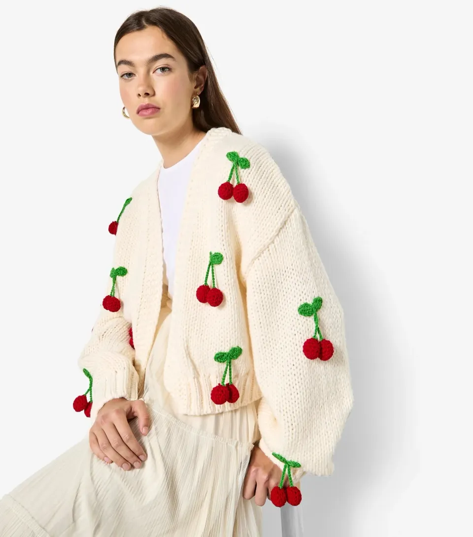 Women's Stone Cherry Appliqued Open Cardigan