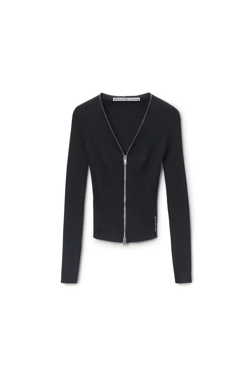 V-NECK LONG SLEEVE POINTELLE ZIP CARDIGAN