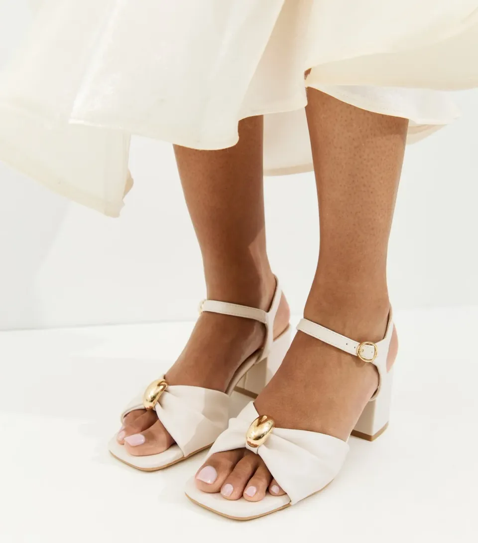 Women's Wide Fit Off White Faux Leather Metal Ring Block Heel Sandals Vegan