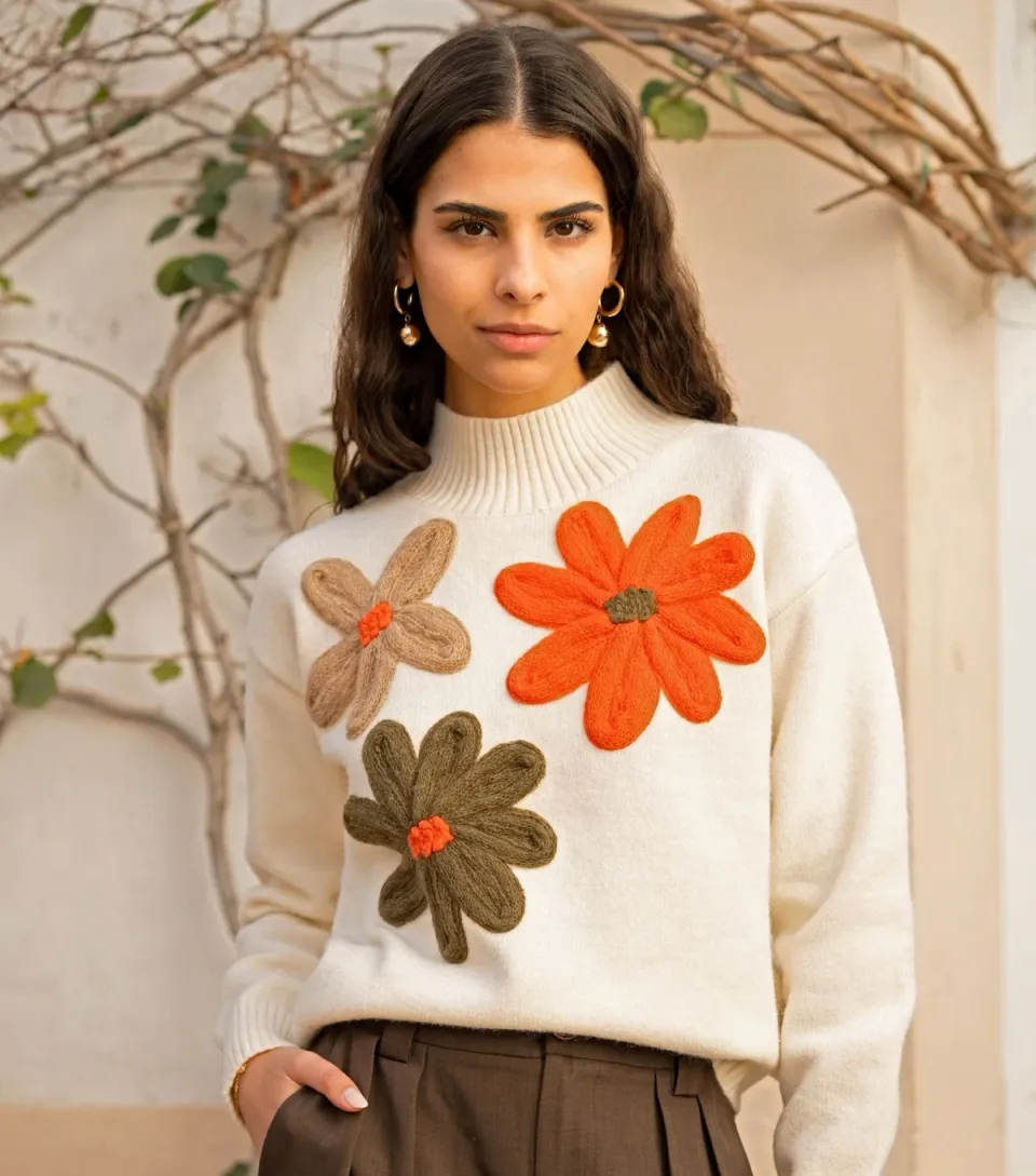 Women's Ivory Floral Appliqued Jumper