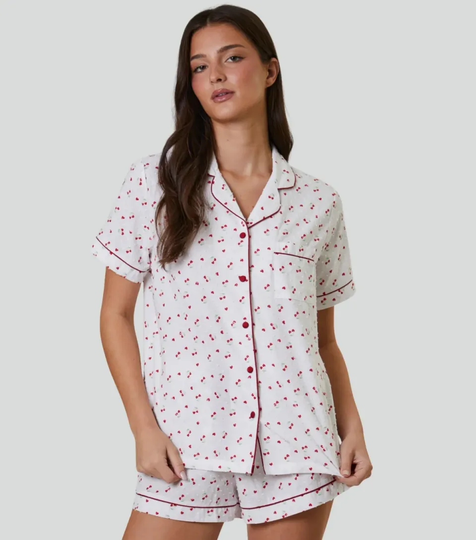 Women's White Heart Cherry Print Pyjama Set