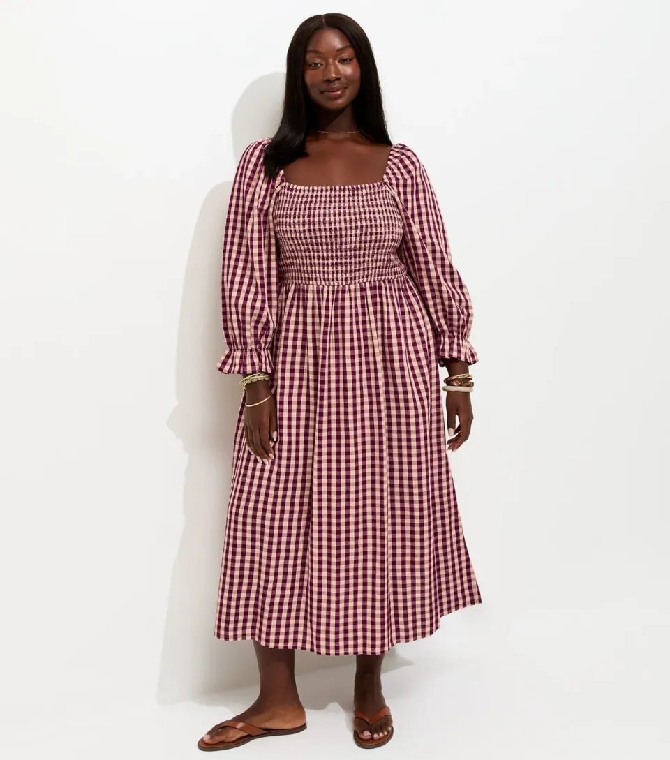Women's Plus Size Pink Cotton Blend Gingham Print Cropped Sleeve Shirred Midi Dress Curves