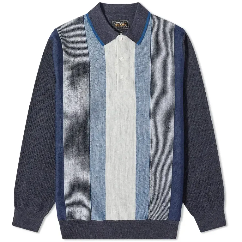 Long Sleeve 12G Stripe Knit Polo Shirt