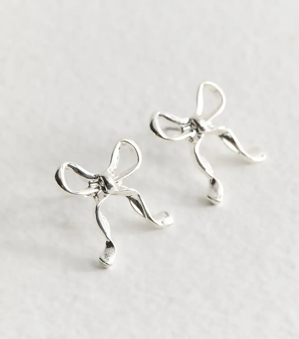Silver Tone Bow Shape Large Stud Earrings